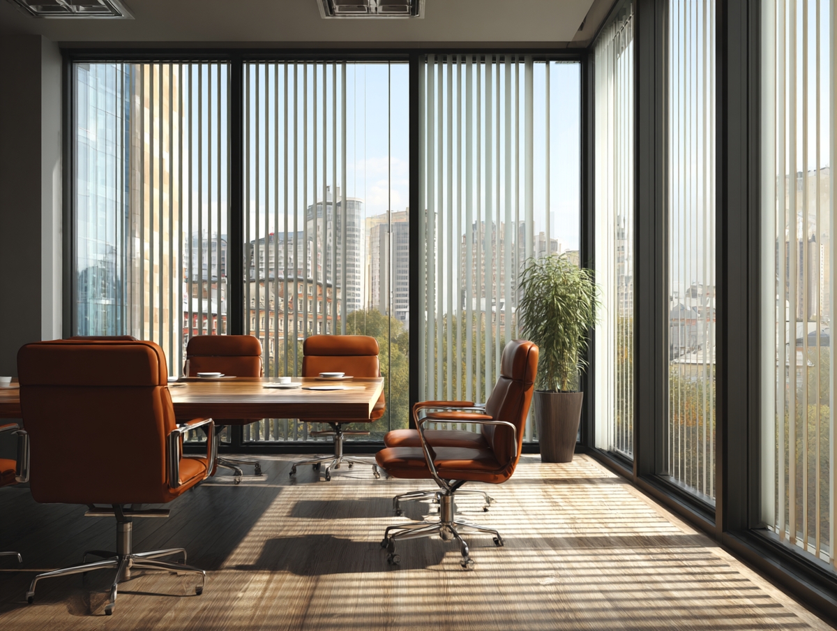 Sala ejecutiva con persianas verticales modernas en ventanales amplios