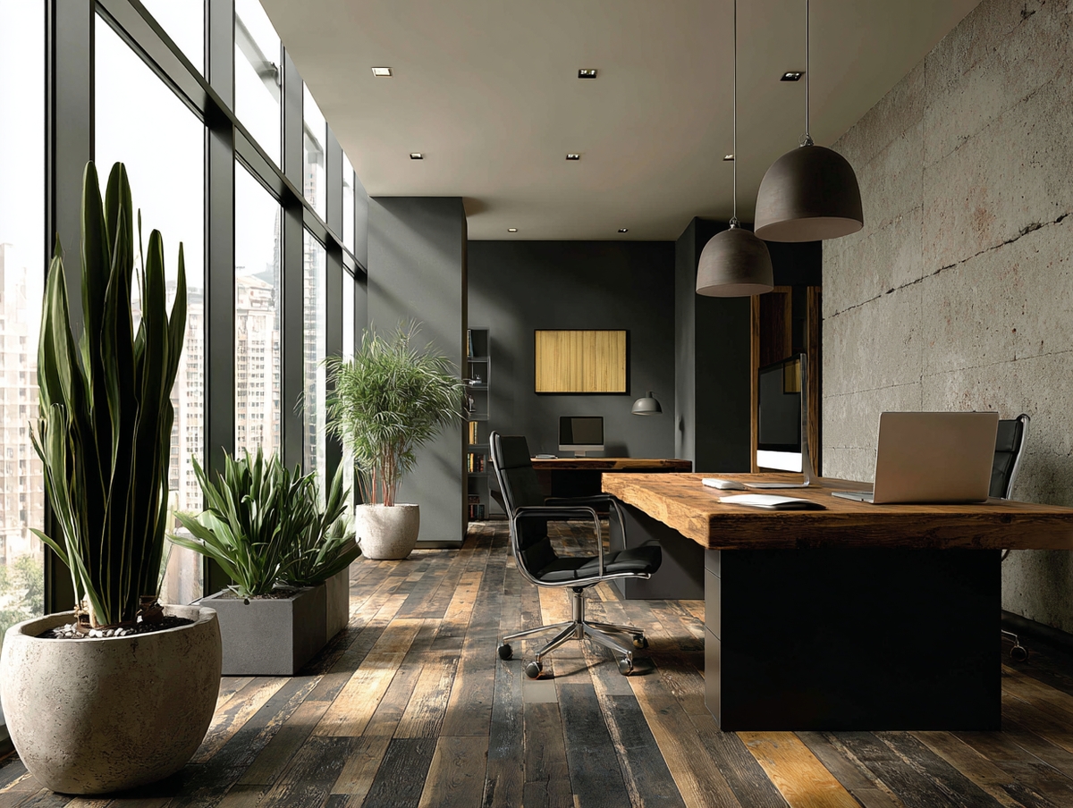 Oficina profesional con pisos de madera oscuros y plantas artificiales altas