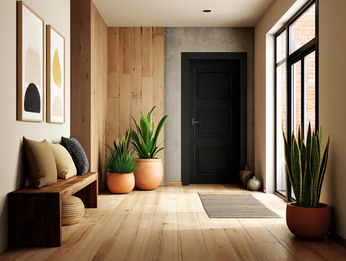 Pasillo moderno con piso laminado y plantas artificiales decorativas