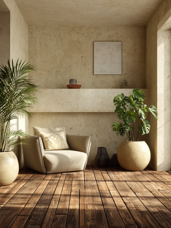 Sala minimalista con pisos de madera y plantas artificiales realistas en macetas modernas