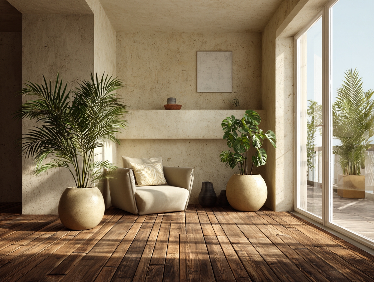 Sala minimalista con pisos de madera y plantas artificiales realistas en macetas modernas