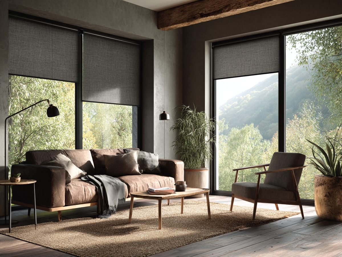 Sala moderna con persianas enrollables minimalistas y luz natural
