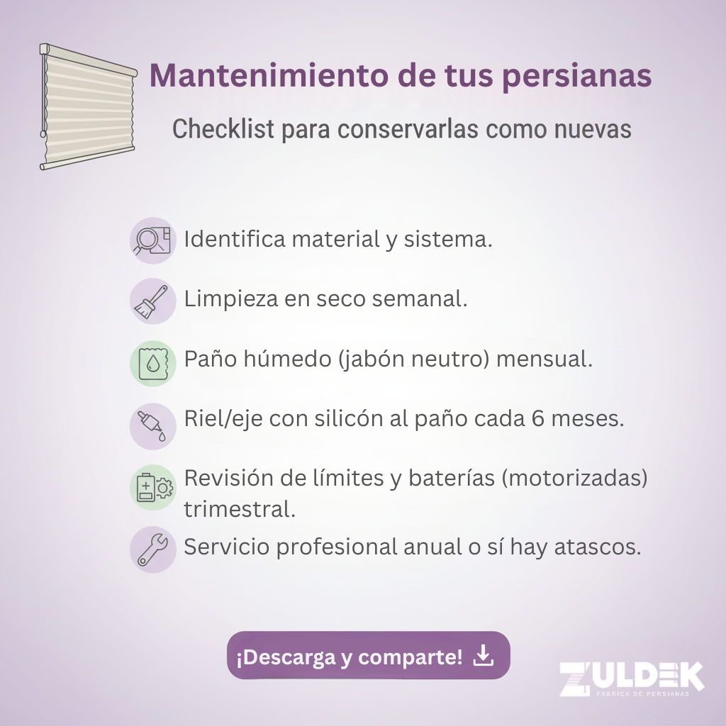 Infografía titulada "Checklist de Mantenimiento de persianas". Muestra una lista de 6 pasos esenciales para el cuidado de persianas, cada uno acompañado de un icono. Los pasos son: 1. Identifica material y sistema. 2. Limpieza en seco semanal. 3. Paño húmedo (jabón neutro) mensual en zonas de alto uso. 4. Riel/eje con silicón al paño cada 6 meses. 5. Revisión de límites y baterías (motorizadas) trimestral. 6. Servicio profesional anual o si hay atascos. En la parte inferior, un recuadro invita a "Descargar y compartir" con el logo de Zuldek - Fábrica de persianas