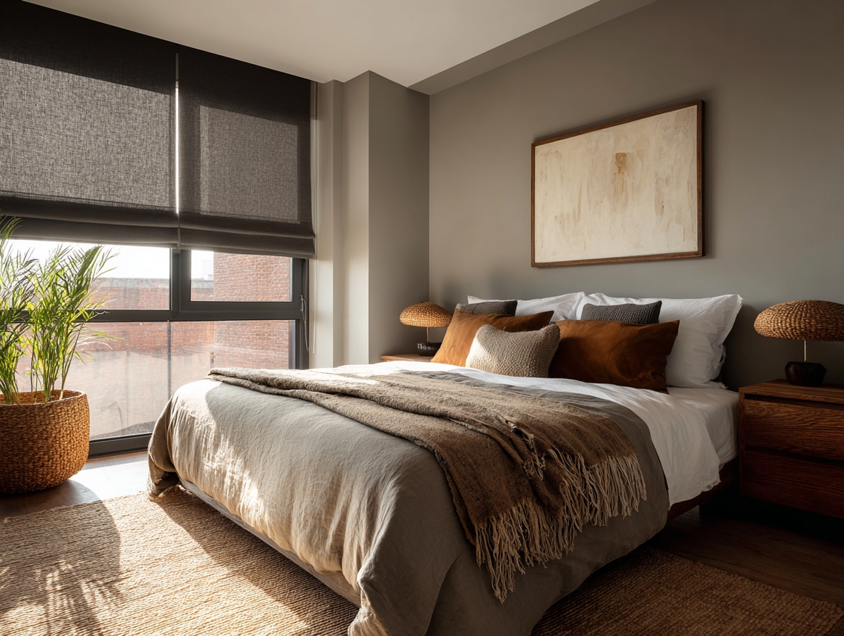 Recámara con persianas enrollables blackout