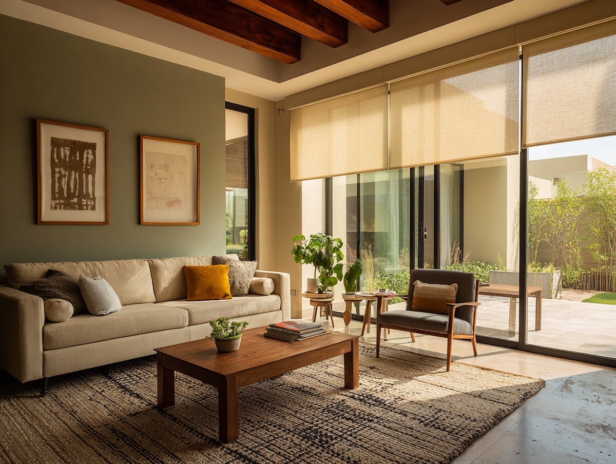 Sala moderna con persianas enrollables en hogar de San Luis Potosí