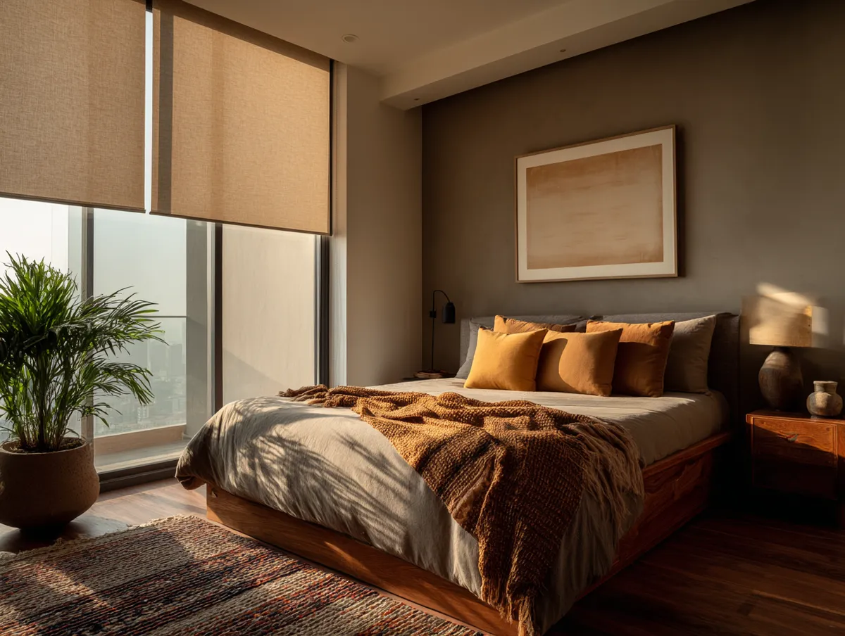 Recámara con decoración de ventanas y persiana blackout para oscurecimiento y descanso.