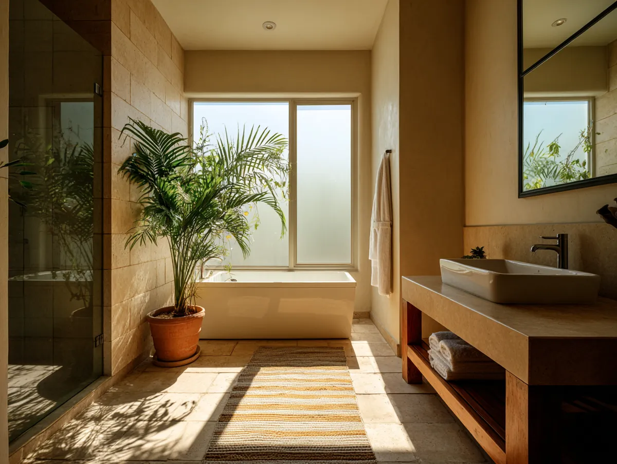 Ventana de baño decorada sin cortinas con película esmerilada para privacidad y entrada de luz.