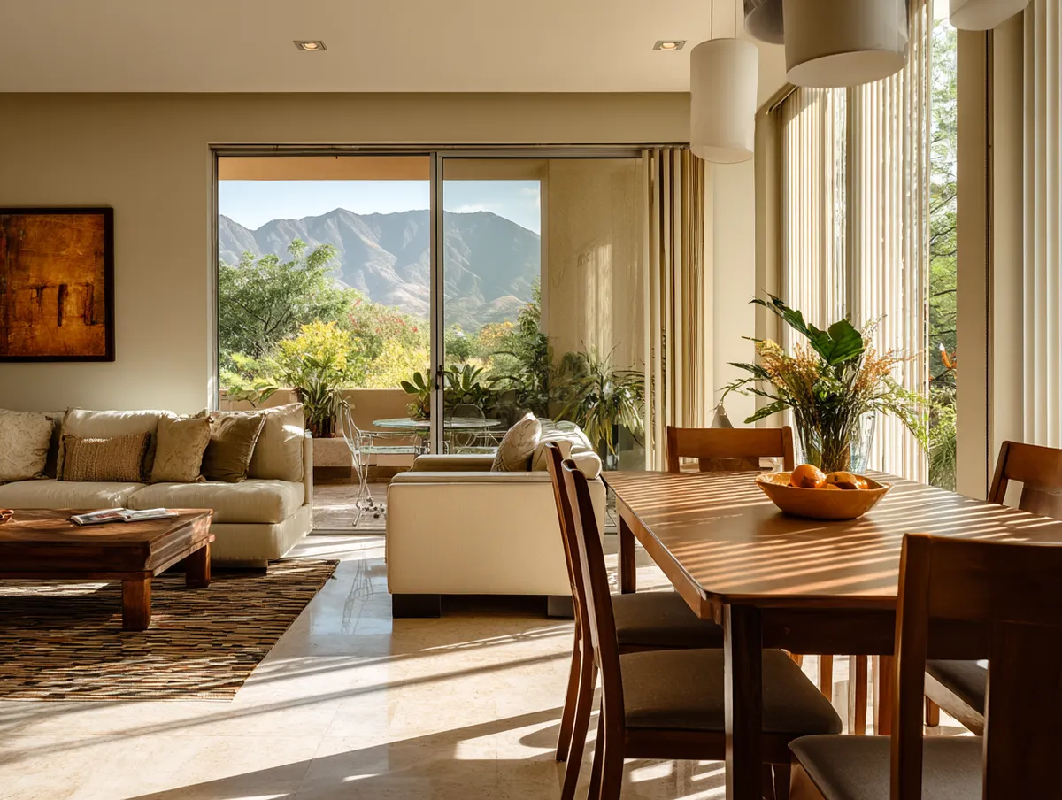 Comedor con ventana grande y persianas verticales para una decoración de ventanas moderna y práctica.