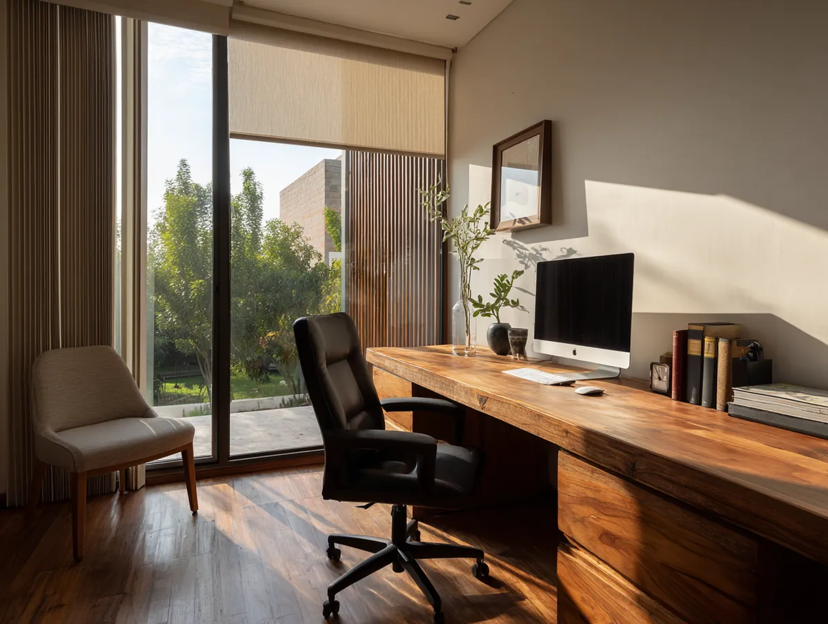 Home office con ventanas con persianas tipo screen para reducir reflejos y mejorar comodidad visual.